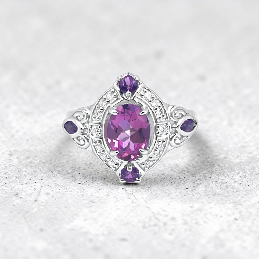 Oval Pink Topaz and Rhodolite Garnet Ring in 925 Sterling Silver